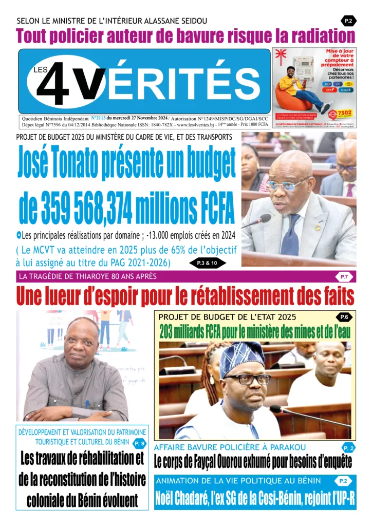 La Une du journal Les 4 Vérités du mercredi 27 novembre 2024