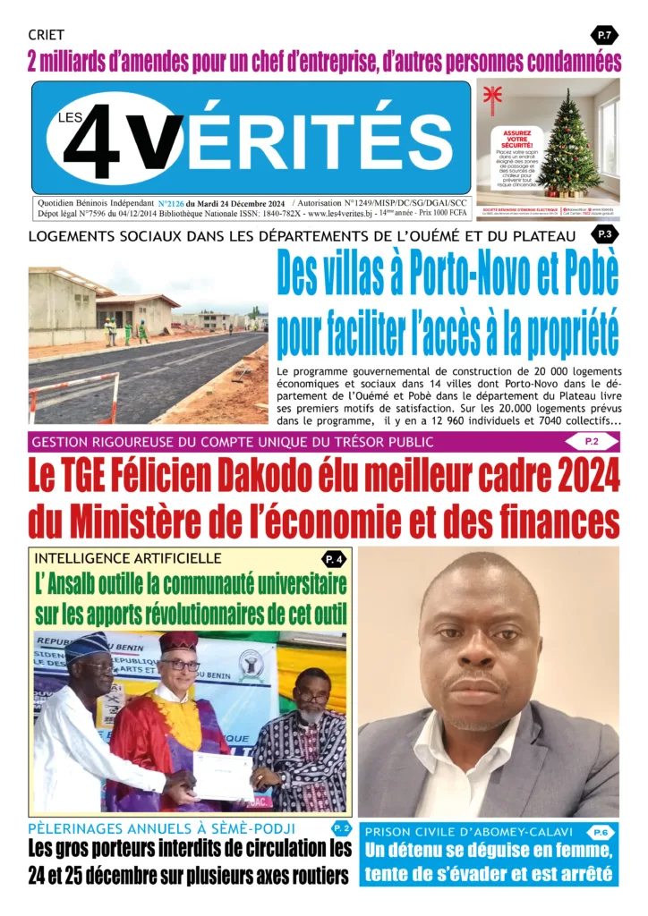 La Une de Les 4 Vérités du 24 décembre 2024